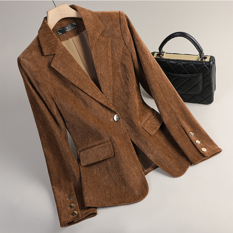 Winter Clothing Work - سترة نسائية مخملية باللون الذهبي الأصفر